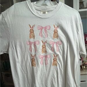 Comfort Colors White Tee with Pink Bow & Bunny Grid